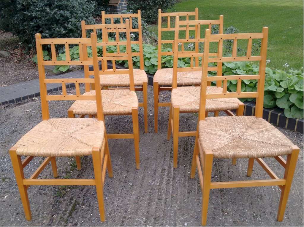 6 arts and crafts chairs , satin birch , ebony dowels