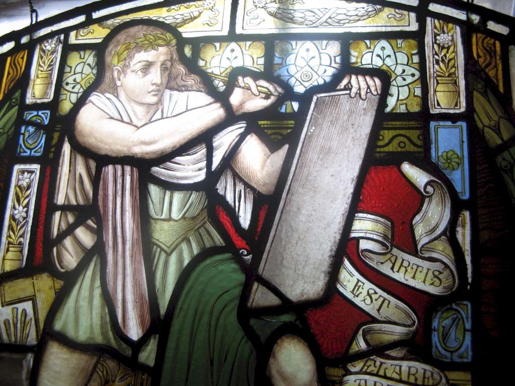 Victorian pre-raphaelite stained glass of a scribe