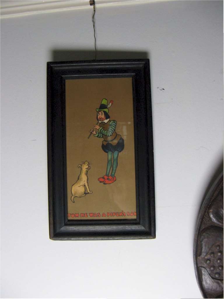 Arts and Crafts oak framed nursery print of tom the Pipers son playing his whistle to a dog