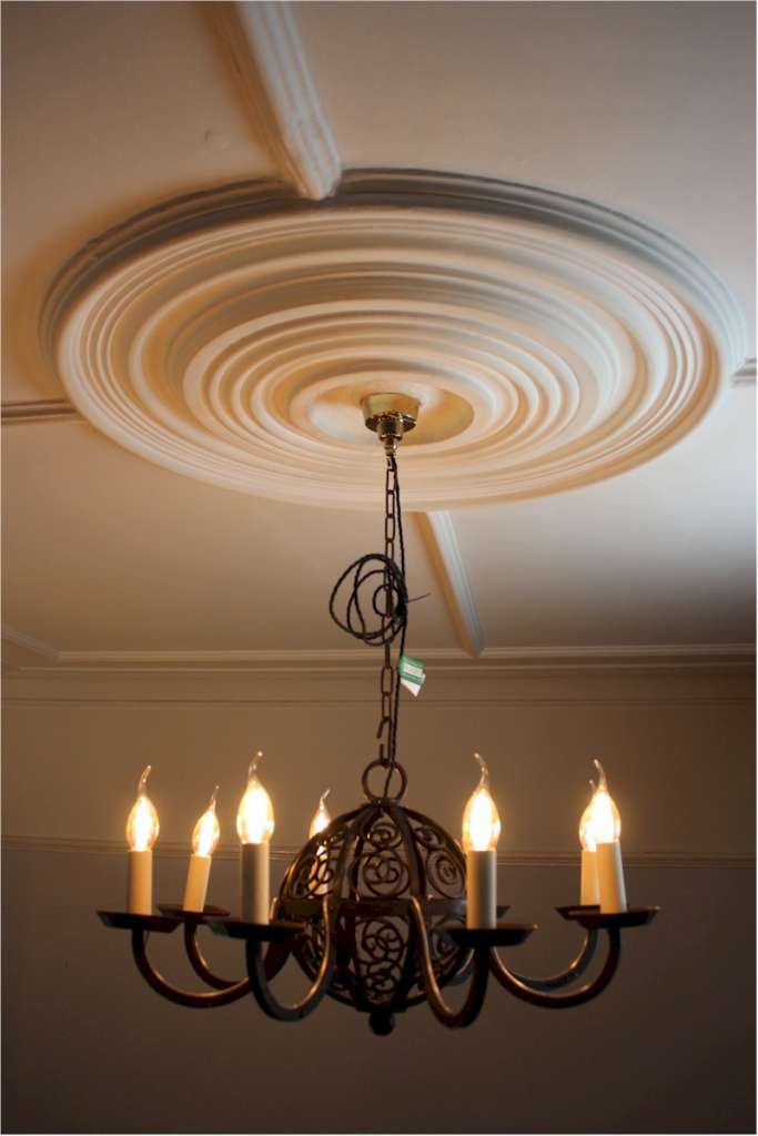 Large arts and crafts iron ceiling lamp with six branches. c1900