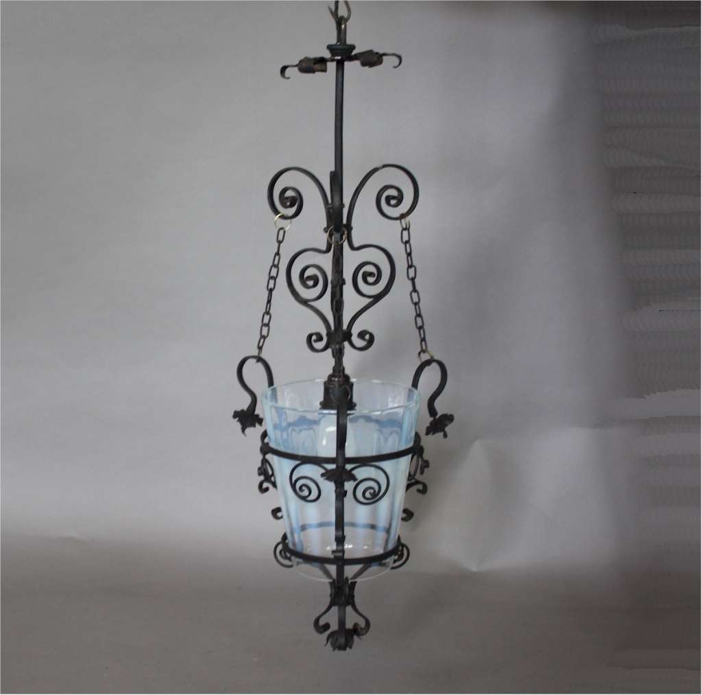 Aesthetic Movement hanging lantern in wrought iron with vaseline shade