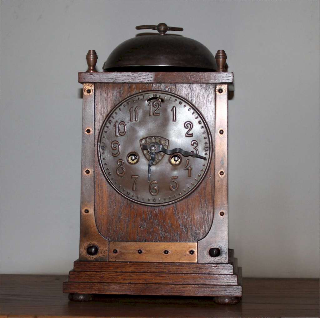 Arts and Crafts mantle clock oak and copper