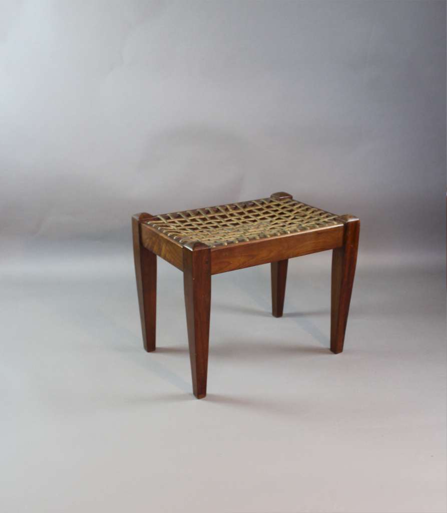 Irish Arts and Crafts mahogany stool with leather straps