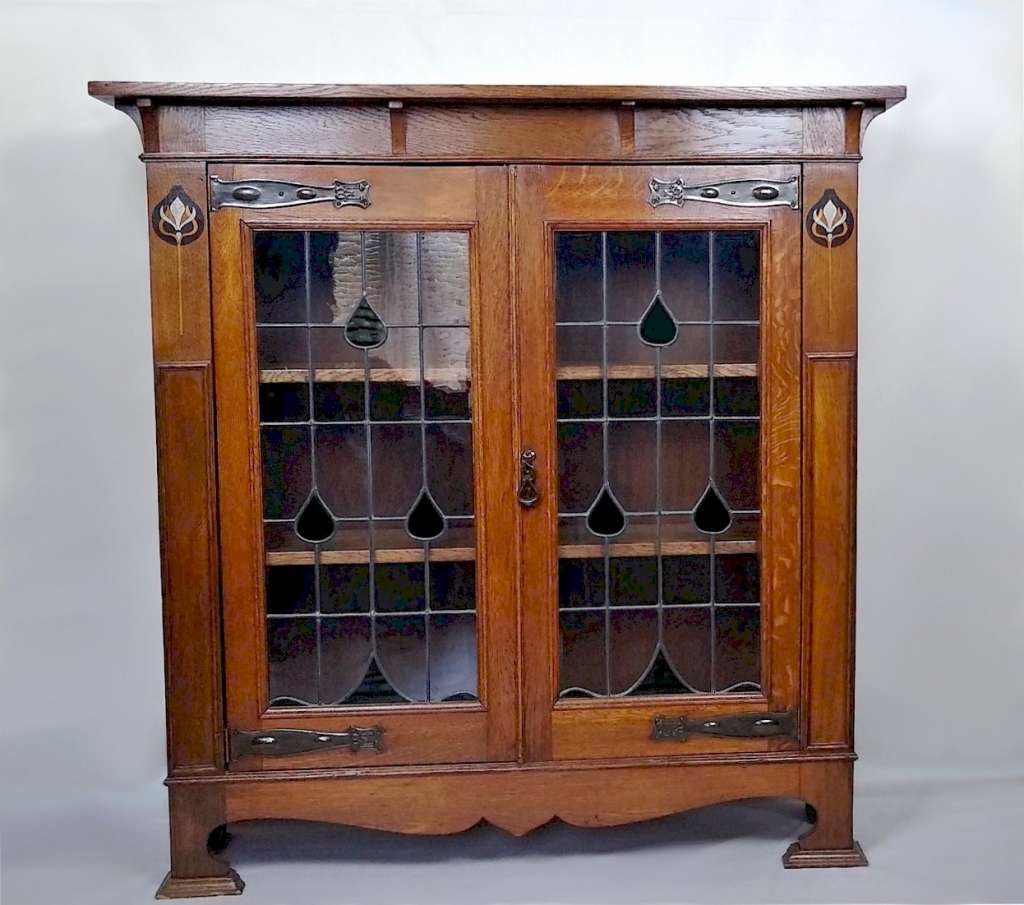 Classic arts and crafts bookcase green leaded glass