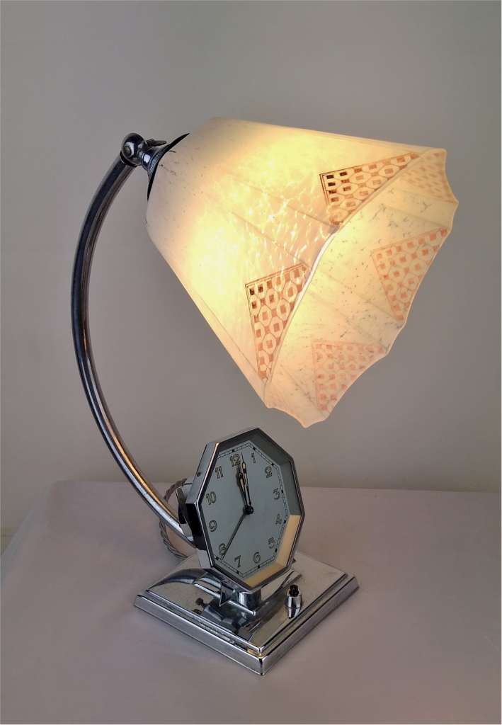 Art Deco bedside lamp with integral alarm clock