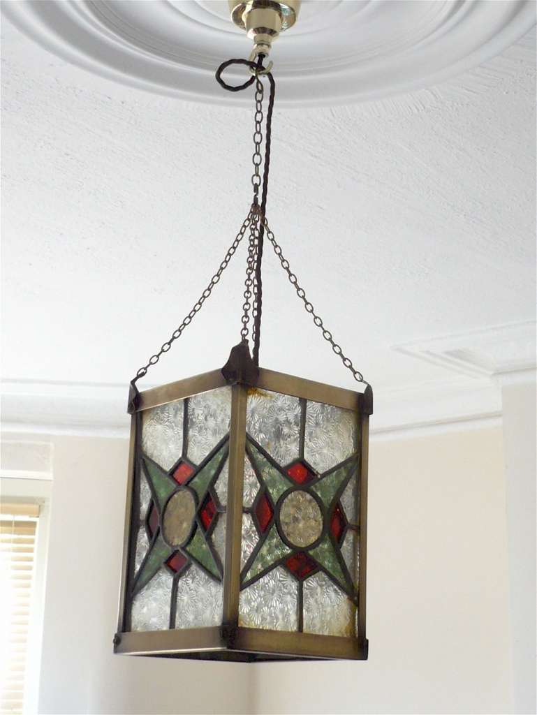 Arts and crafts brass lantern coloured leaded glass
