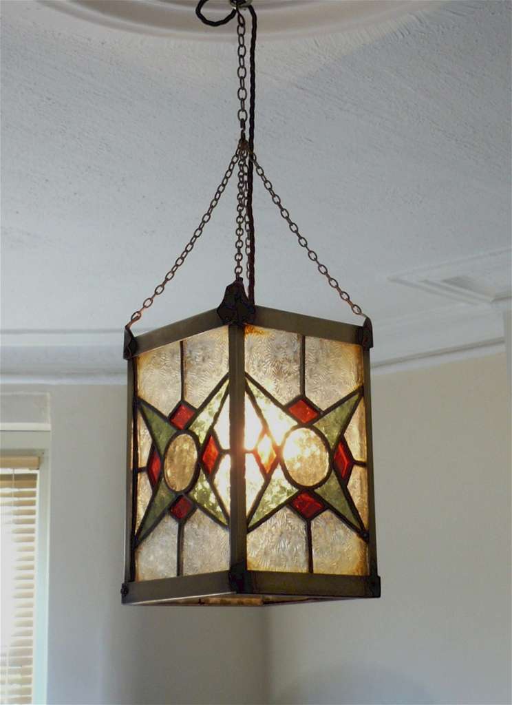 Arts and crafts brass lantern coloured leaded glass