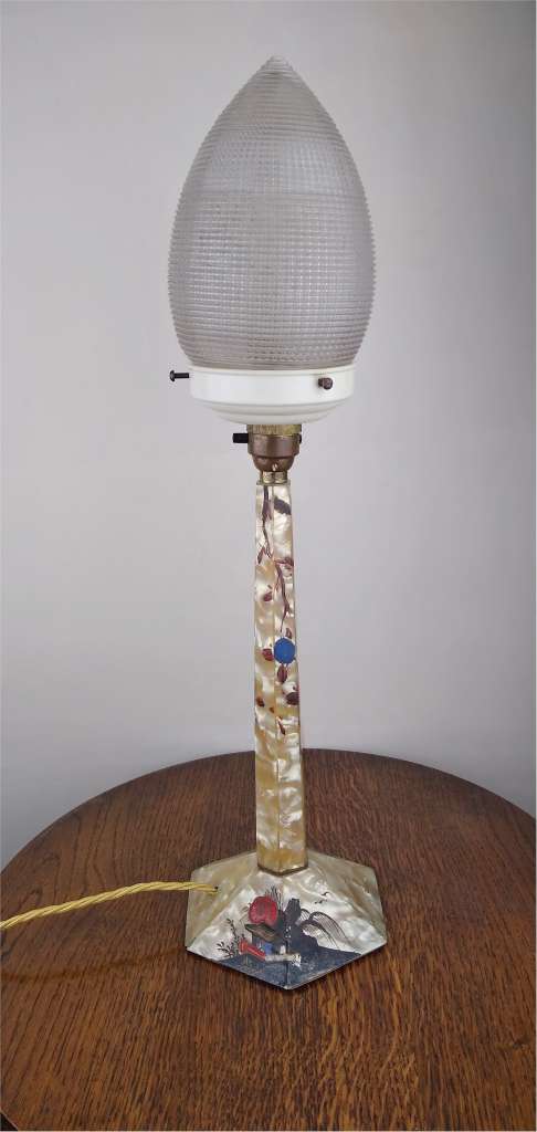 1930's cellulose table lamp with prismatic glass shade