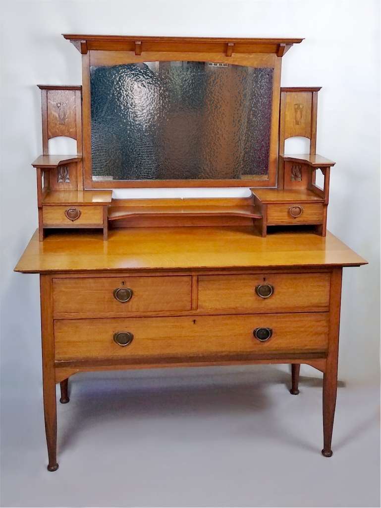 Arts and crafts inlaid dressing table in oak