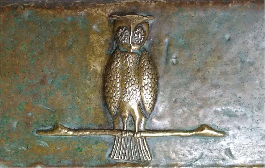 Arts and crafts brass fire fender with owls