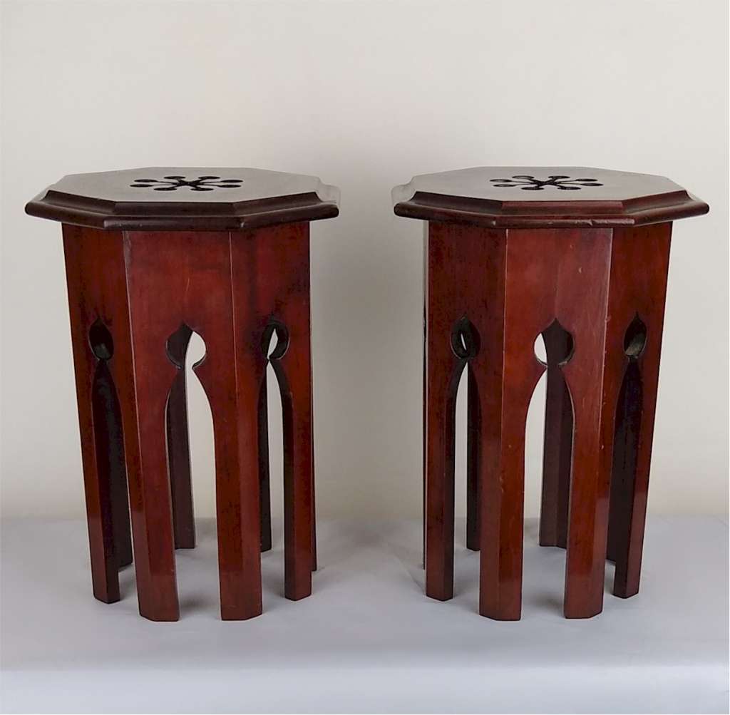 Pr of miniature Moorish tables in mahogany
