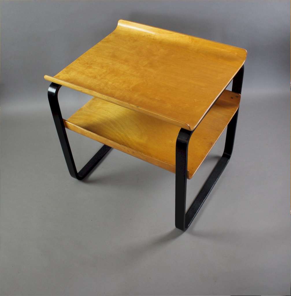 Alvar Aalto two tier Piamio occasional table no 915 ebonised legs with birch top and shelf