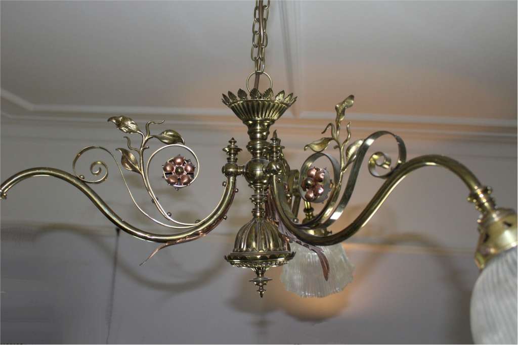 Aesthetic Movement brass and copper three branch hanging centre light