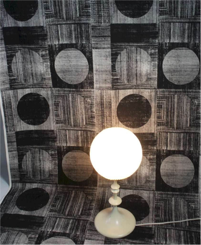 Vintage unused roll of cotton fabric with black and white geometric square and circles