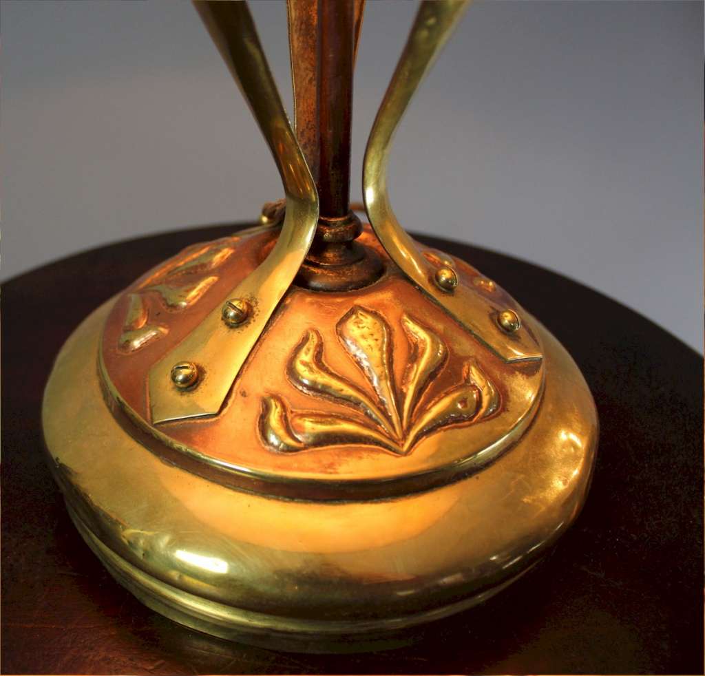 Art Nouveau brass table lamp with pleated red shade