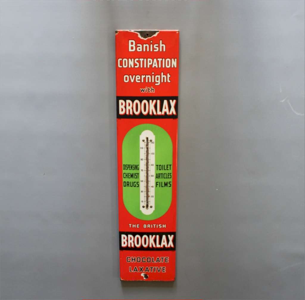 Rare vintage enamel advertising thermometer sign for Brooklax Laxative Chocolate