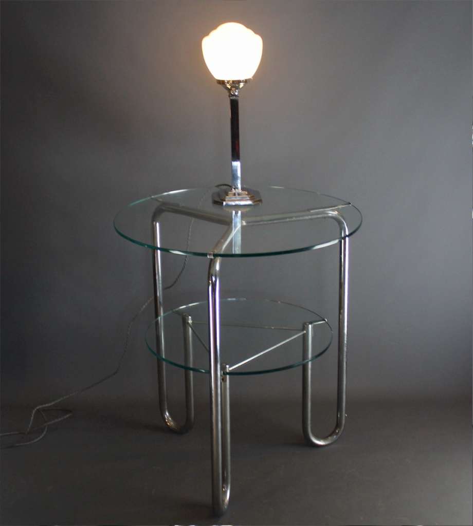 Chrome art deco table lamp on stepped base