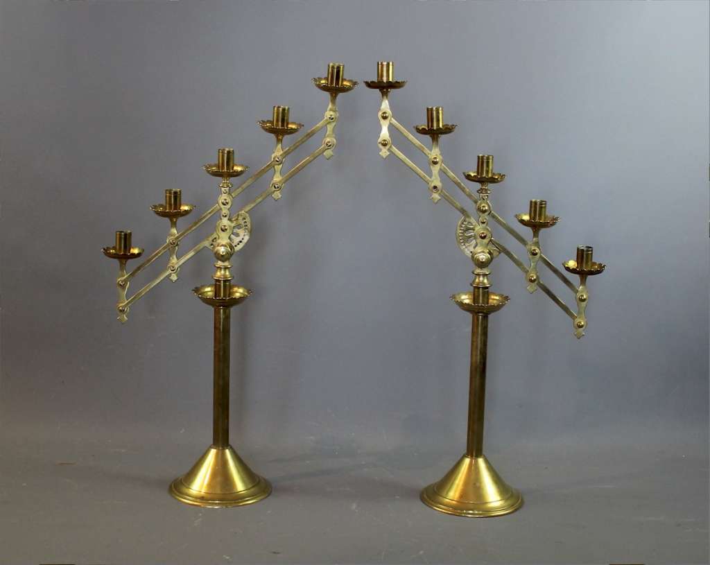 Victorian pair of brass ecclesiastical adjustable candlesticks