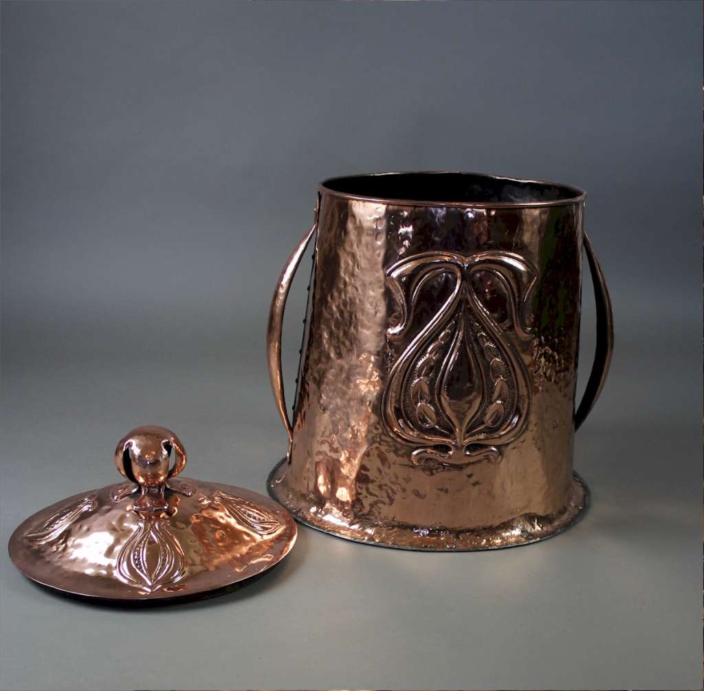 Art Nouveau copper coal bin with lid