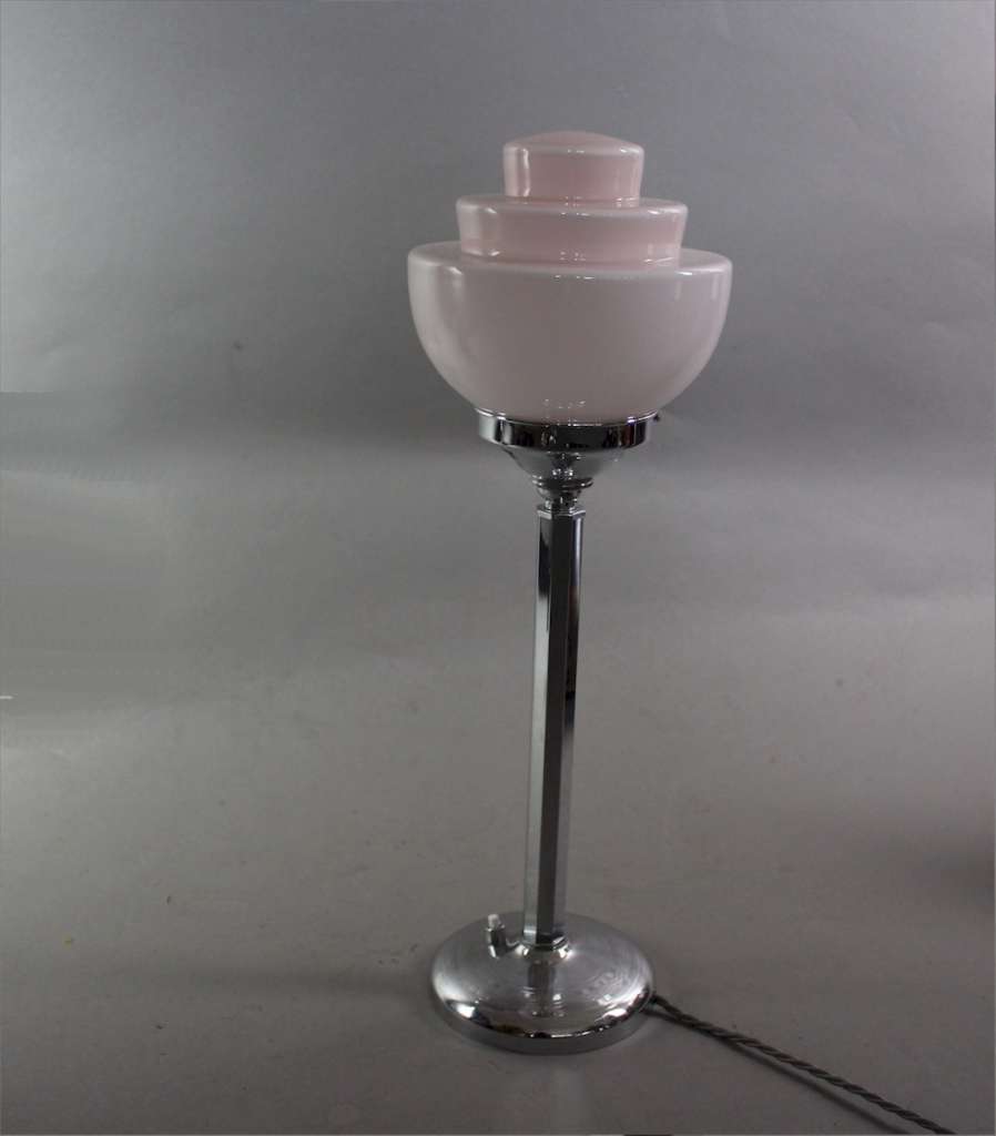 Art Deco chrome table lamp with stepped pink shade