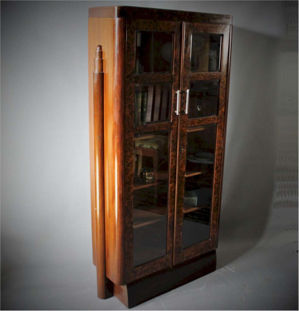 Art Deco walnut bookcase display cabinet