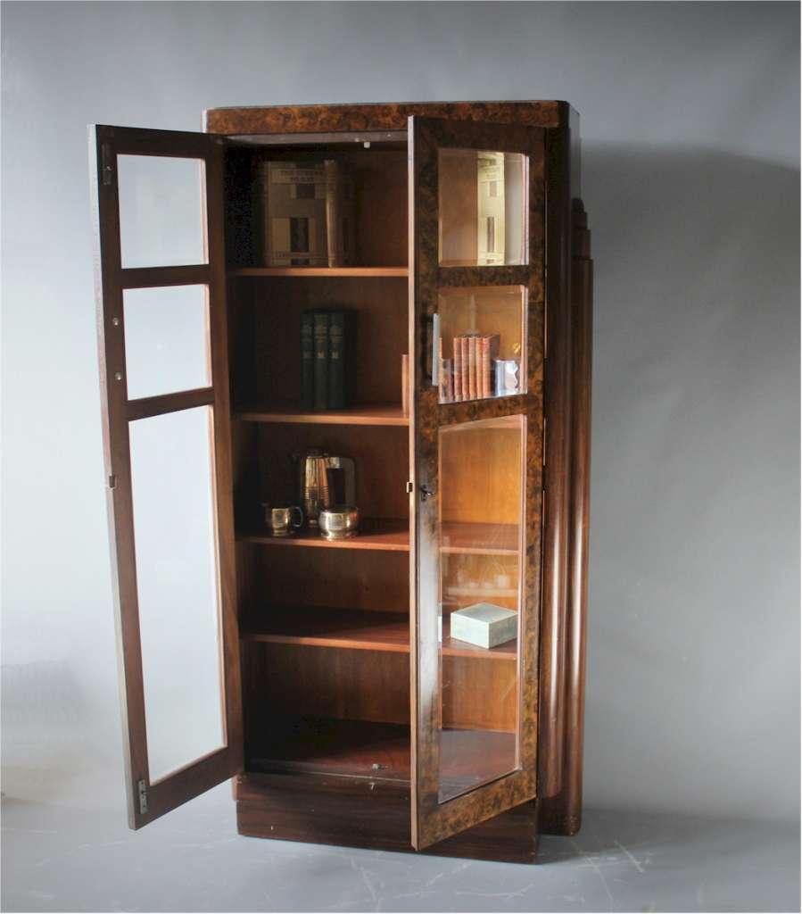 Art Deco walnut bookcase display cabinet
