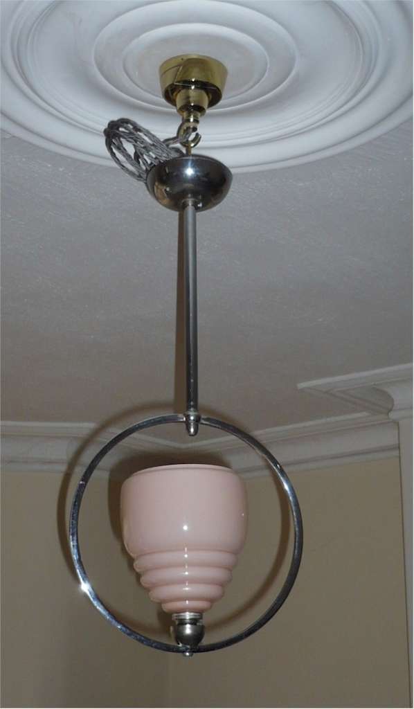 Art Deco ceiling light in chrome , peach glass shade