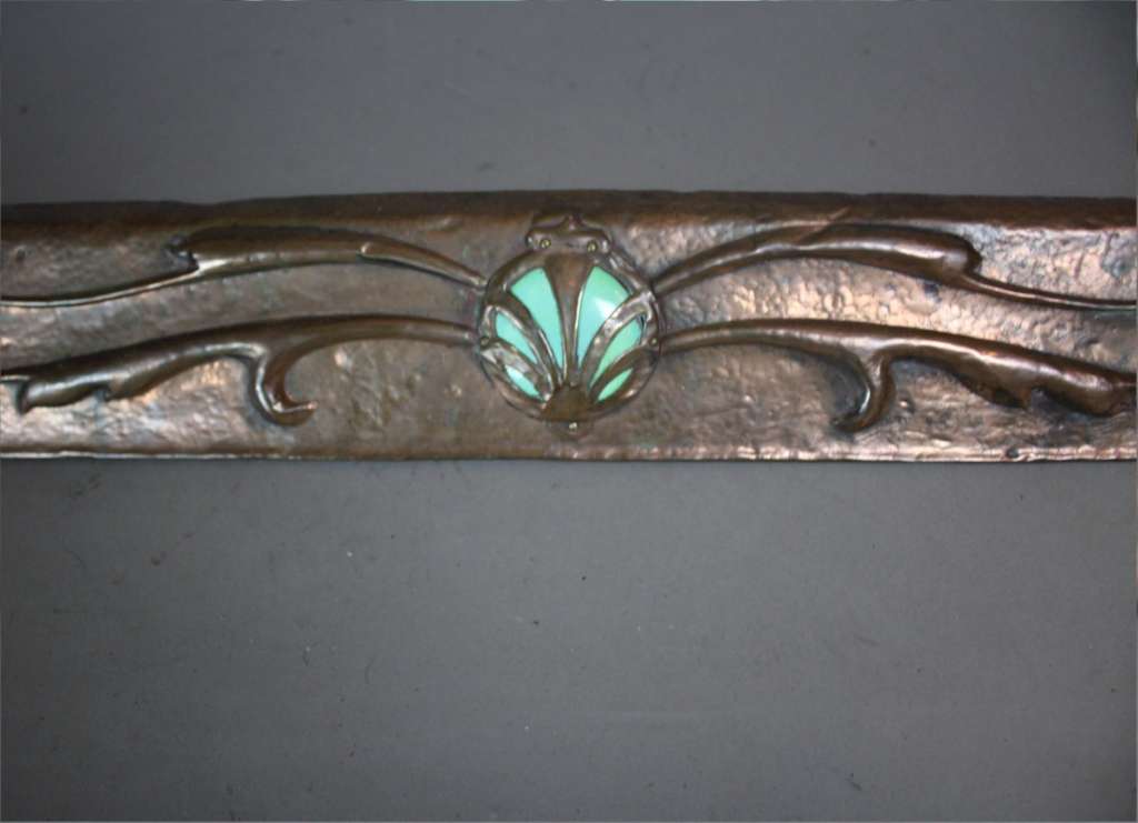 Arts and crafts copper fire fender with Ruskin roundel