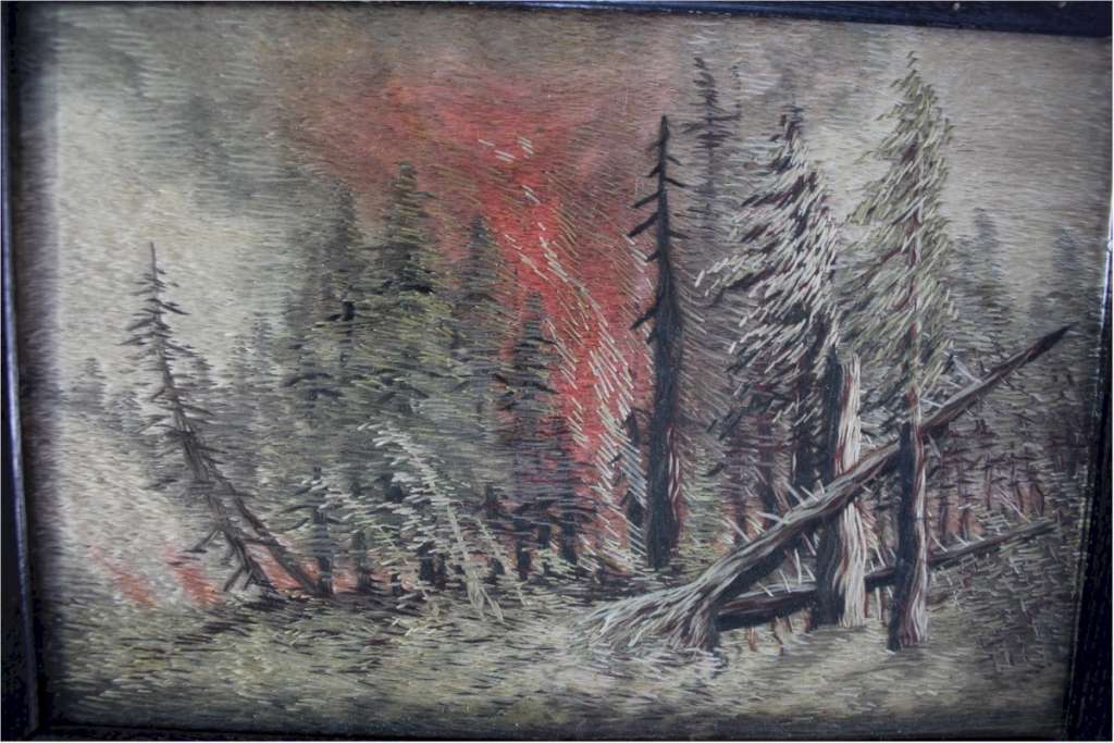 Oak framed silk embroidery Forest Fire
