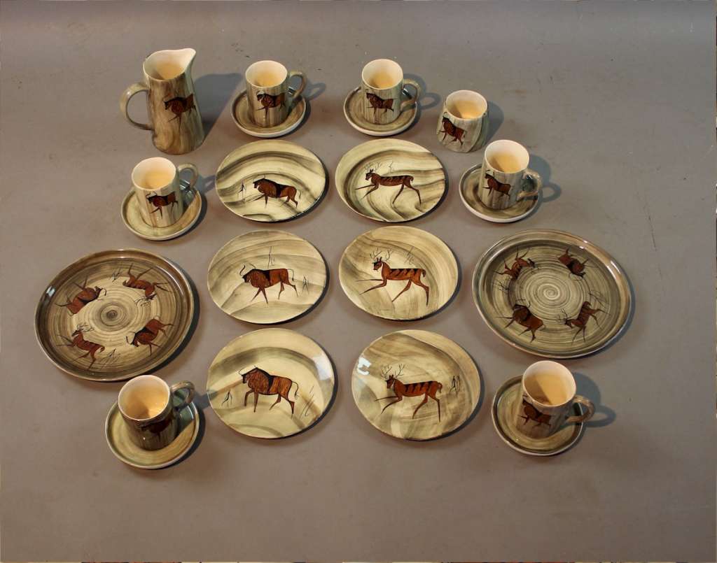 French 1950's coffee set depicting Lascaux cave drawings