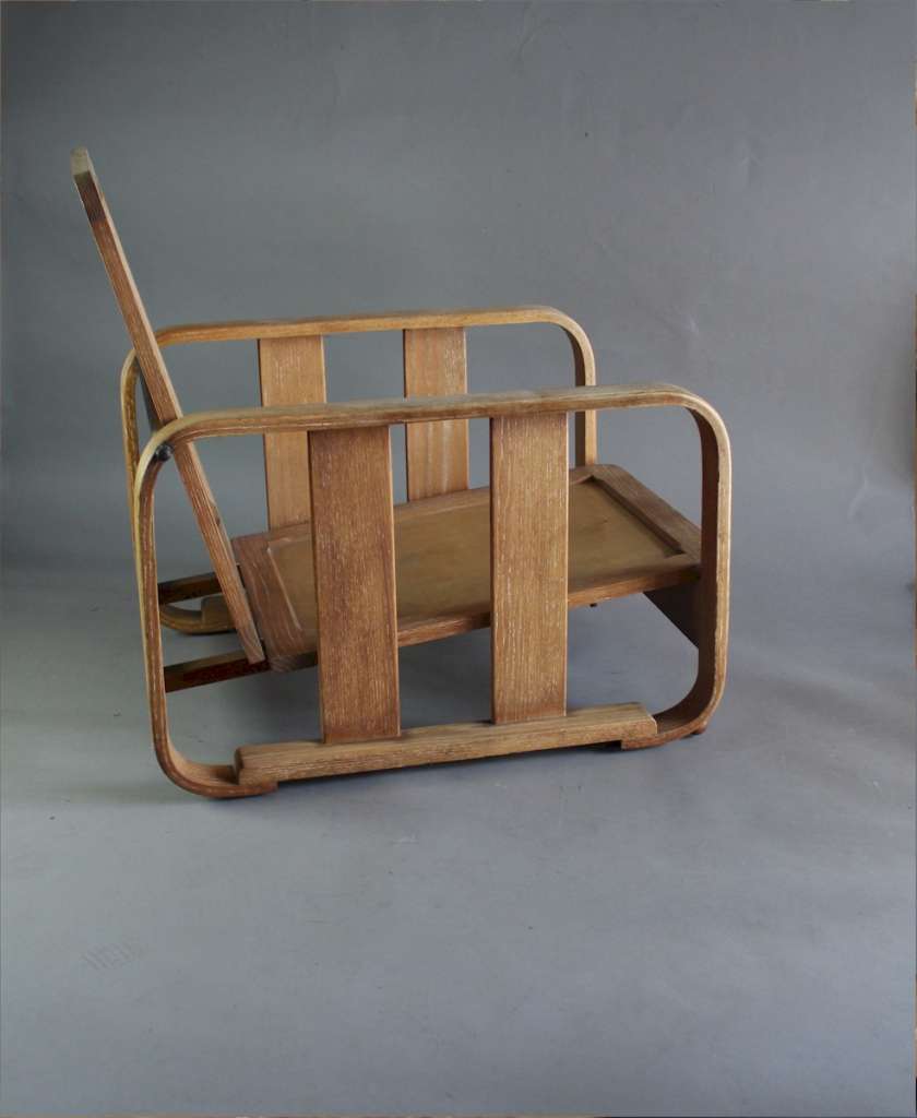 1930's Heals limed oak bentwood lounge chair.