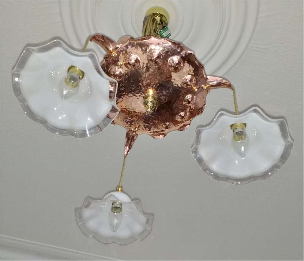 Arts and crafts ceiling light in polished copper and brass