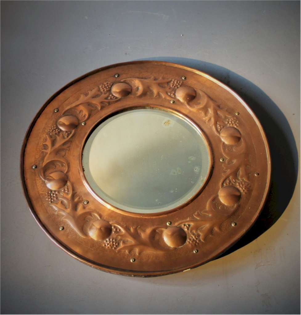Arts and Crafts round copper mirror