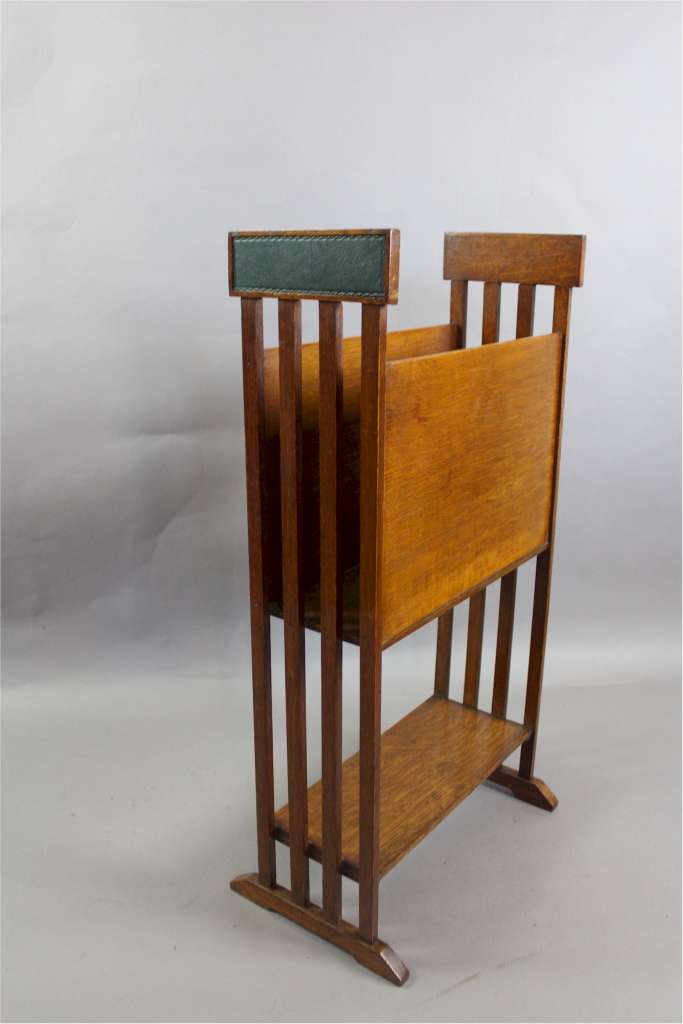 Arts and Crafts oak and leather magazine rack