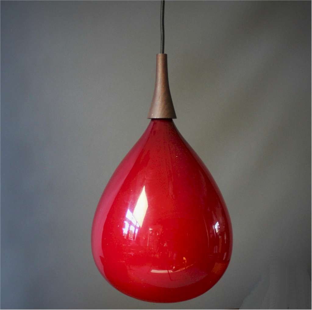1950's Red conical glass pendant lamp shade