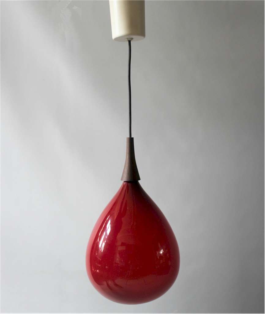 1950's Red conical glass pendant lamp shade