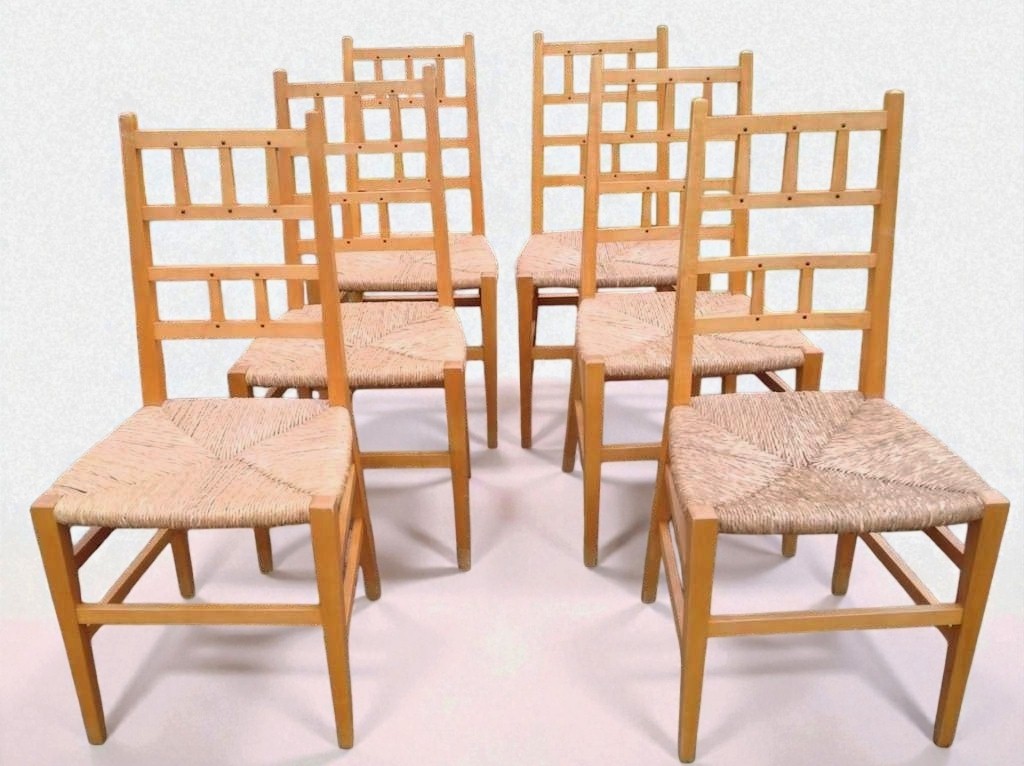 6 arts and crafts chairs , satin birch , ebony dowels