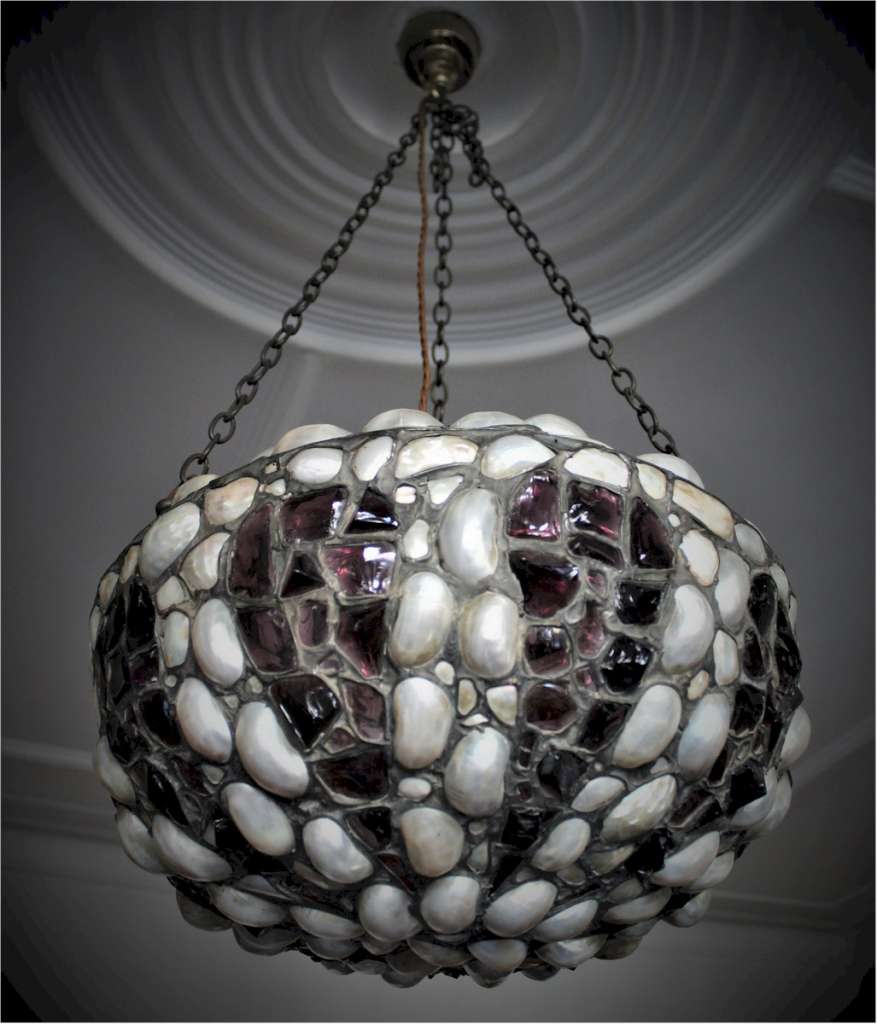 Arts and crafts abalone shell and purple glass plafonnier ceiling shade