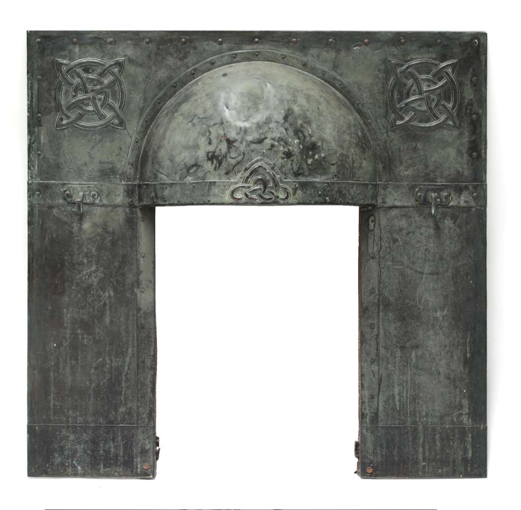  Arts and Crafts verdigris copper fireplace insert