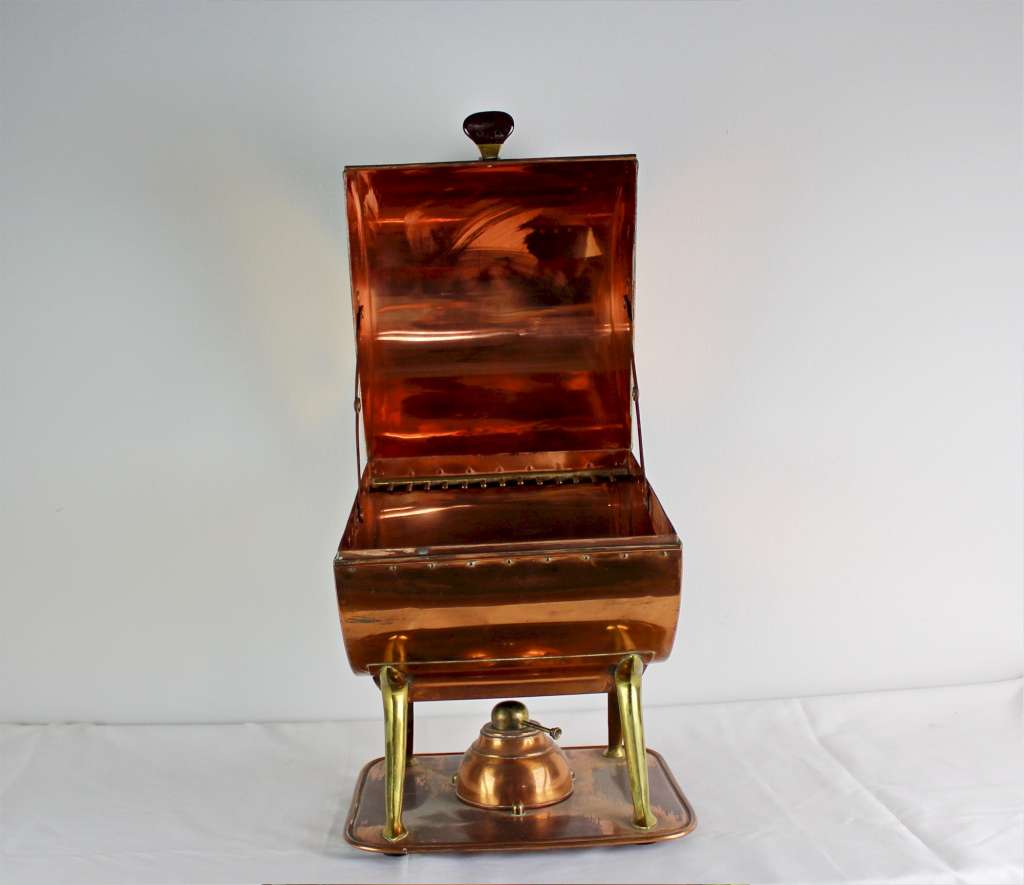 Arts and Crafts copper and brass plate warmer by W.A.S Benson stamped hammer marks