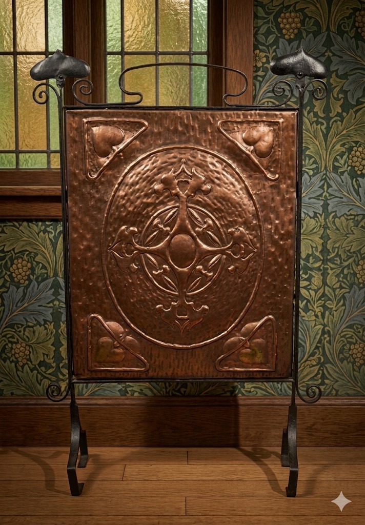 Arts and crafts fireguard in copper and iron