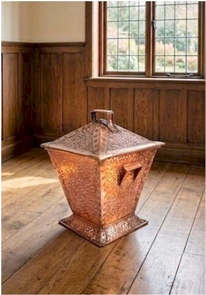 Arts and crafts coal box in hammered copper