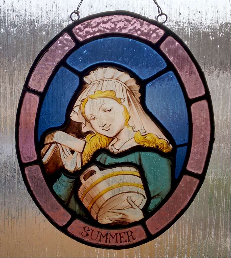 Pair of victorian painted glass panels , Spring & Summer