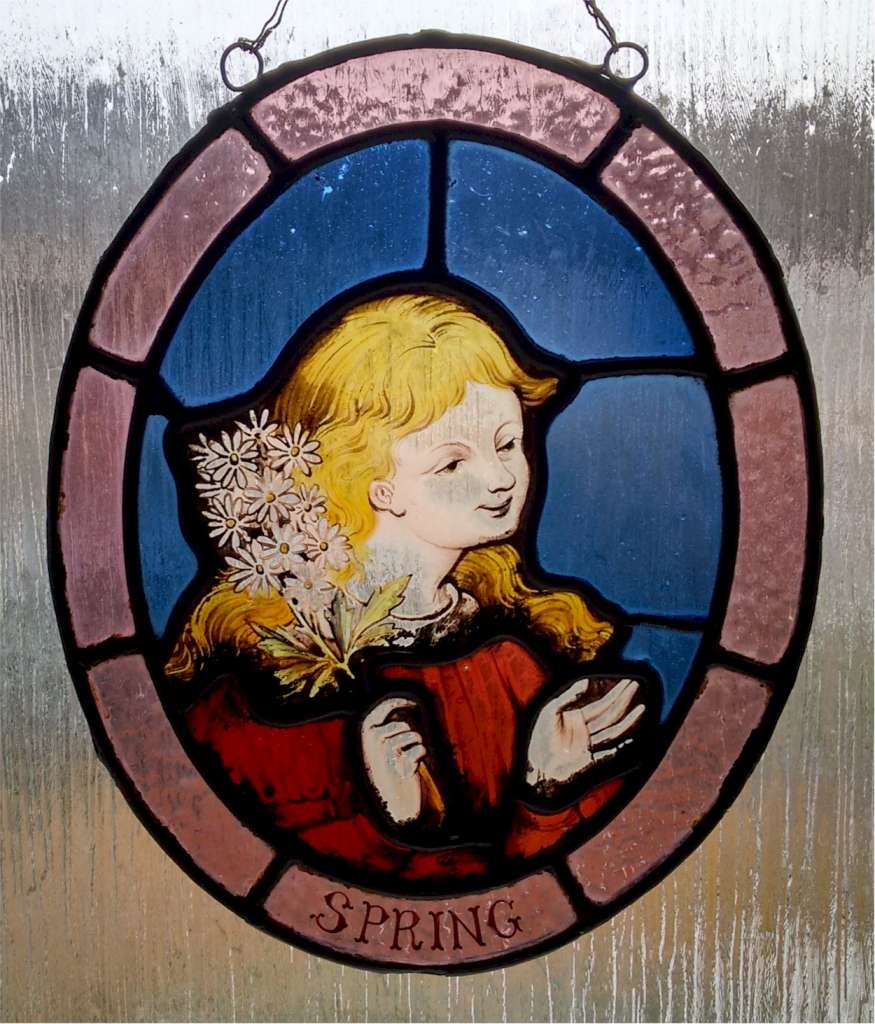 Pair of victorian painted glass panels , Spring & Summer