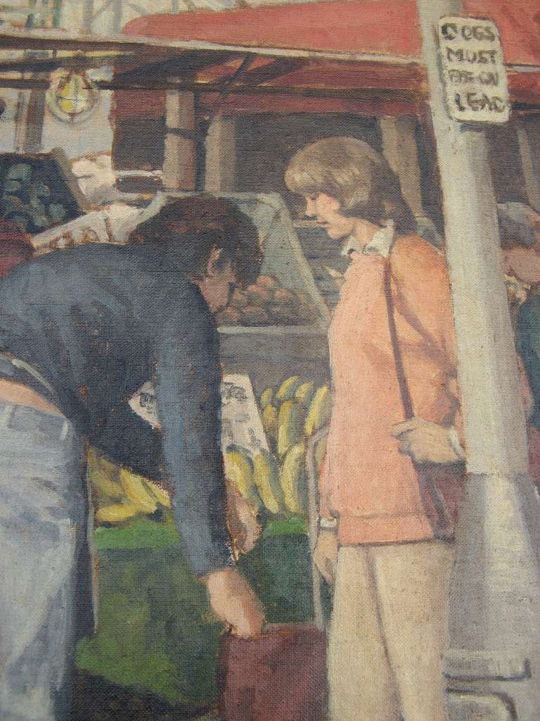 Oil on canvas market scene in London during the 1970's by Shireen Faircloth `78