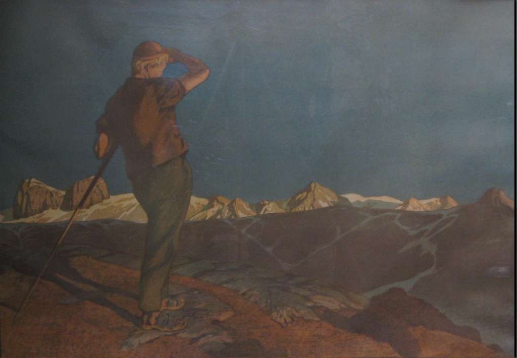 1930's oak framed print of an Alpine scene with a rambler . German or Austrian
