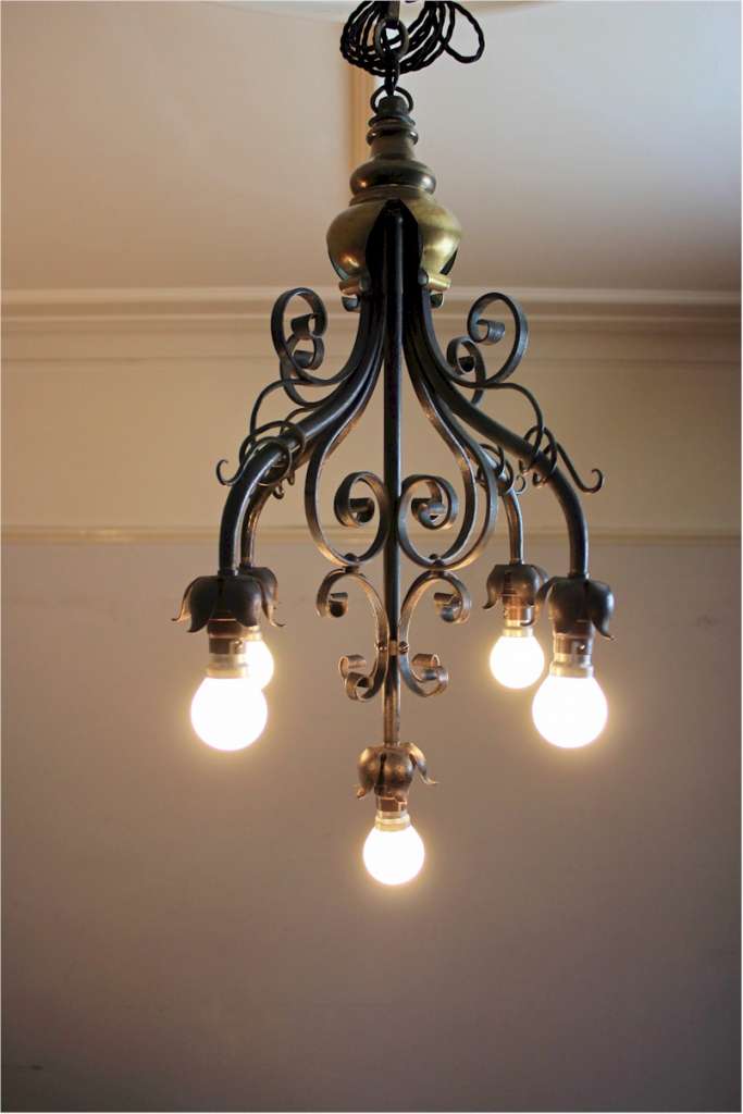 Arts and Crafts five branch hanging lamp made from iron and brass