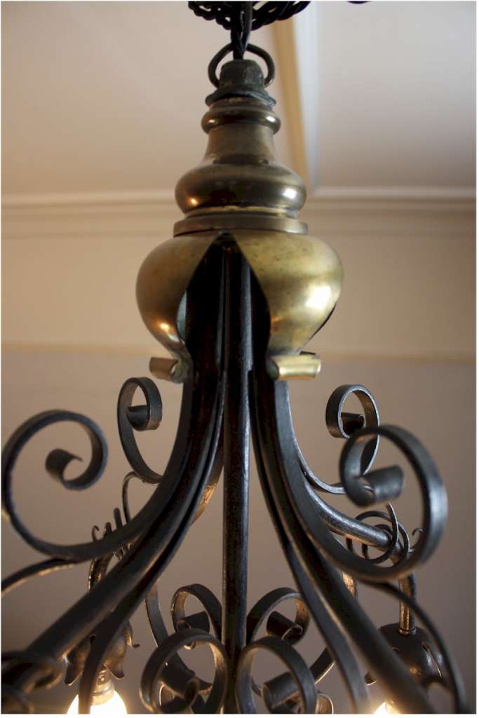 Arts and Crafts five branch hanging lamp made from iron and brass