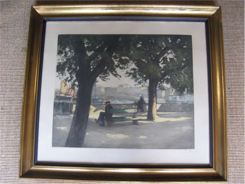 Gilt framed Provencal view lithograph signed by H. Callor 1930's measures 28in x 30 x 2  inches. Goo