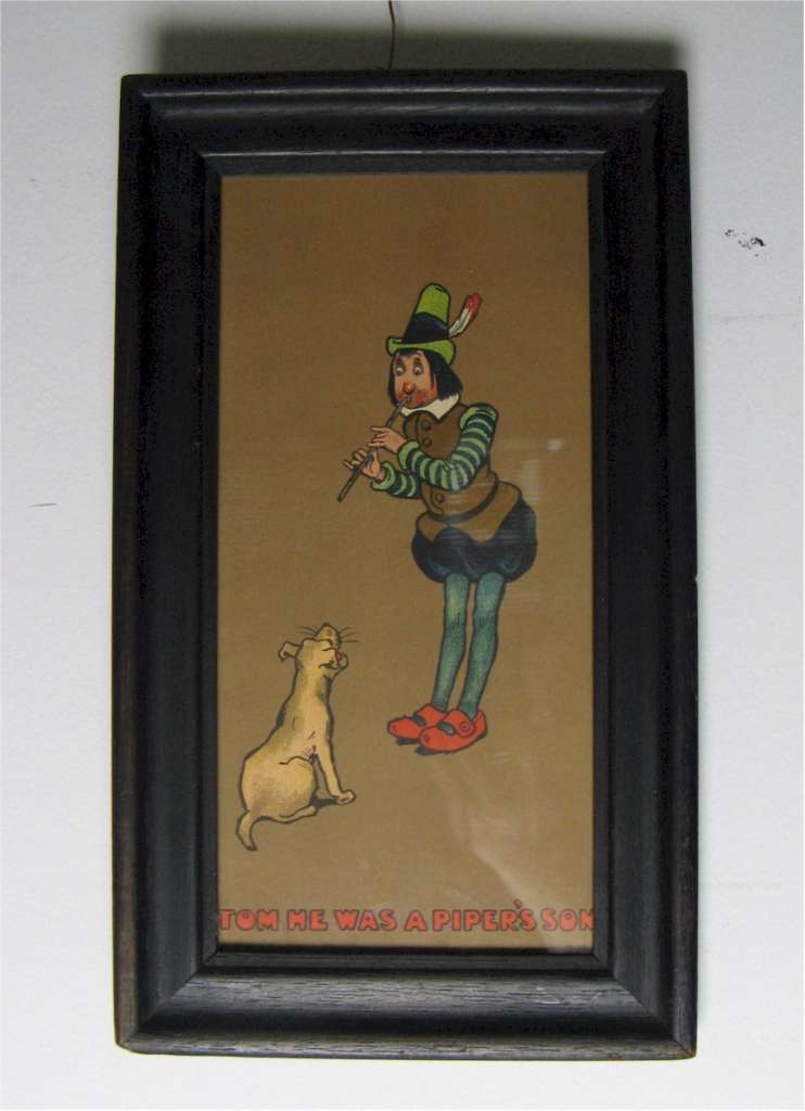 Arts and Crafts oak framed nursery print of tom the Pipers son playing his whistle to a dog